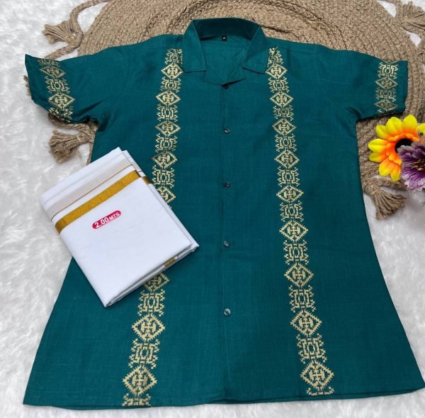 Teal Magic Cotton Foil Print Half Sleeve Shirt with Dhoti Stylish Outfit for Pongal Wear Mens Shirt