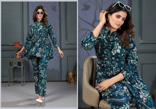 Teal Rayon Co Ord Set with Printed Top and Pants Trendy Brunch for Women Kurti With Bottom Wholesale