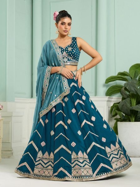 Teal Silk Lehenga Choli with Thread and Stone Embroidery Work for Bridal Reception Designer Lehenga Choli