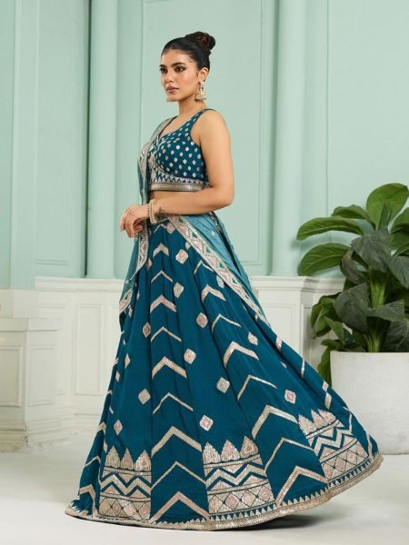 Teal Silk Lehenga Choli with Thread and Stone Embroidery Work for Bridal Reception Designer Lehenga Choli