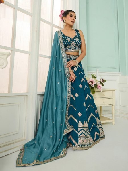 Teal Silk Lehenga Choli with Thread and Stone Embroidery Work for Bridal Reception Designer Lehenga Choli