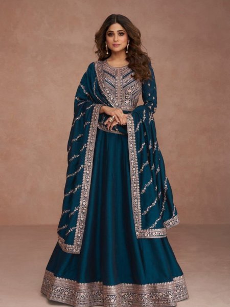 Teal Treasure Anarkali Silk Suit with Heavy Work for Party Perfection