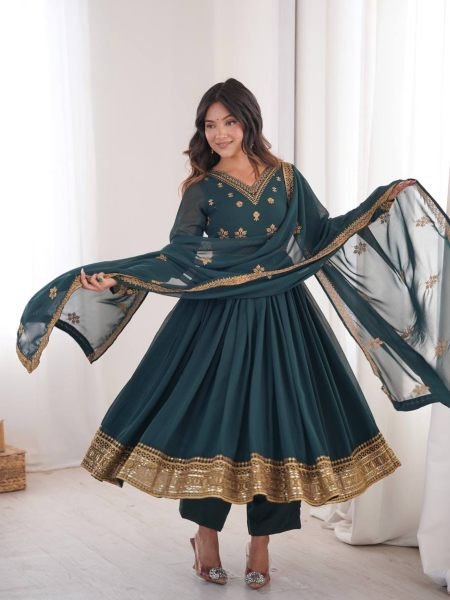 Teal v Heavy Faux Georgette Anarkali with Micro Cotton Pant for Wedding Ready To Wear Suit