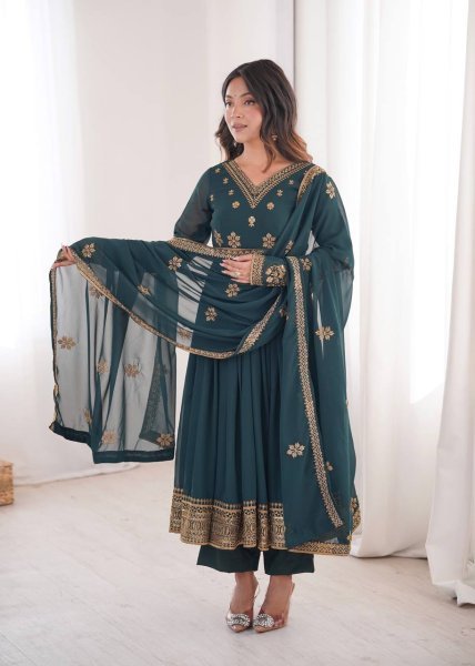 Teal v Heavy Faux Georgette Anarkali with Micro Cotton Pant for Wedding Ready To Wear Collection
