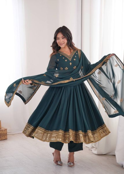 Teal v Heavy Faux Georgette Anarkali with Micro Cotton Pant for Wedding Ready To Wear Collection