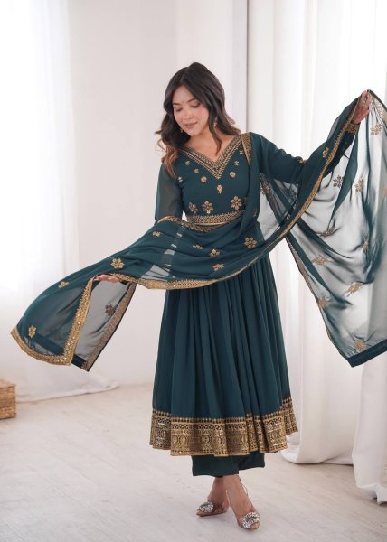 Teal v Heavy Faux Georgette Anarkali with Micro Cotton Pant for Wedding Ready To Wear Collection