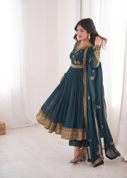 Teal v Heavy Faux Georgette Anarkali with Micro Cotton Pant for Wedding Ready To Wear Collection