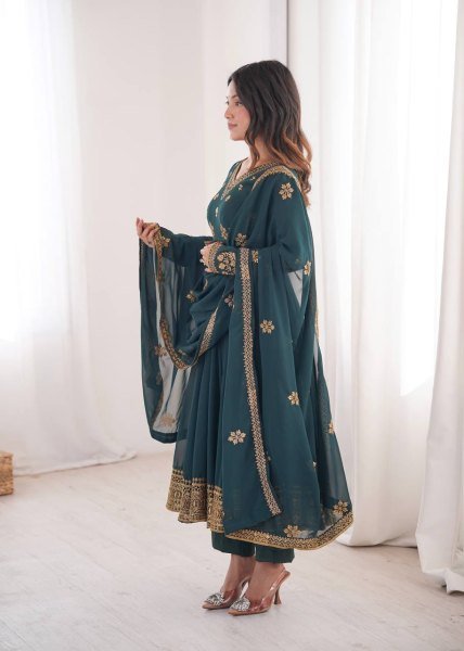 Teal v Heavy Faux Georgette Anarkali with Micro Cotton Pant for Wedding Ready To Wear Collection