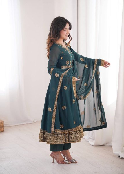Teal v Heavy Faux Georgette Anarkali with Micro Cotton Pant for Wedding Ready To Wear Collection
