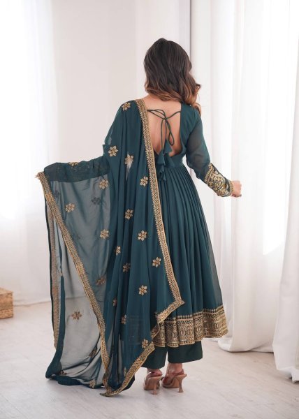 Teal v Heavy Faux Georgette Anarkali with Micro Cotton Pant for Wedding Ready To Wear Collection