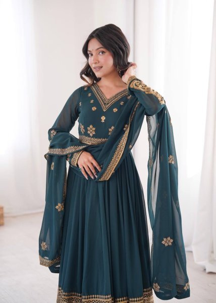 Teal v Heavy Faux Georgette Anarkali with Micro Cotton Pant for Wedding Ready To Wear Collection