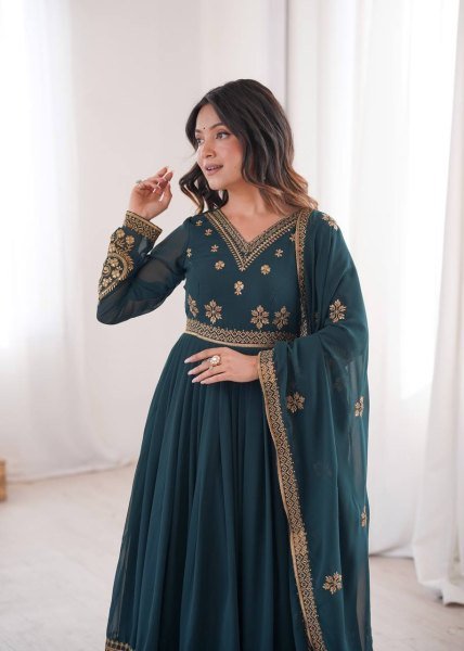 Teal v Heavy Faux Georgette Anarkali with Micro Cotton Pant for Wedding Ready To Wear Collection