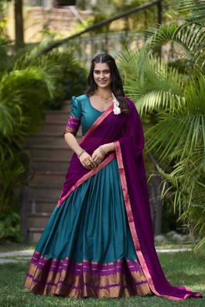 Teal Green Poly Cotton South Indian Lehenga Saree with Traditional Choli Set  Half Saree Lehenga