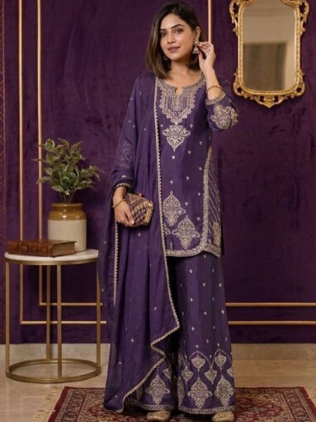 Textile Manufacturer Deep Purple Rangoli Crush Designer Kurti Palazzo With Lace Dupatta 