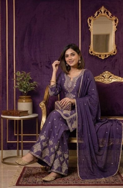 Textile Manufacturer Deep Purple Rangoli Crush Designer Kurti Palazzo With Lace Dupatta Ready To Wear Collection