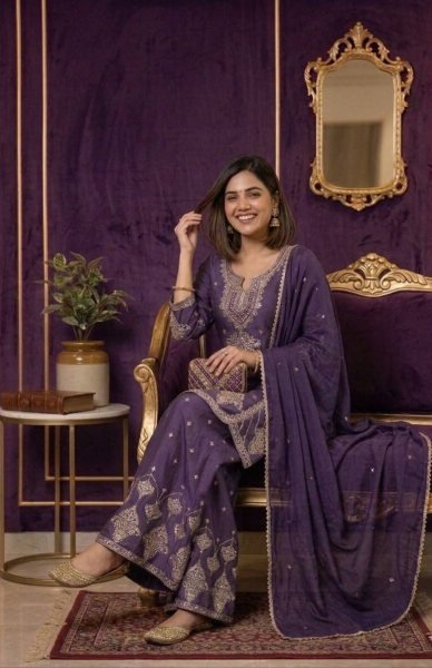 Textile Manufacturer Deep Purple Rangoli Crush Designer Kurti Palazzo With Lace Dupatta Ready To Wear Collection