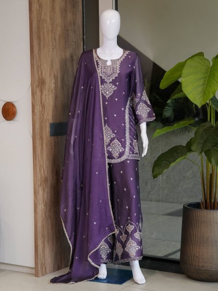 Textile Manufacturer Deep Purple Rangoli Crush Designer Kurti Palazzo With Lace Dupatta Ready To Wear Collection