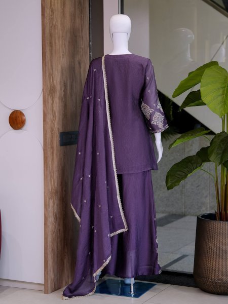 Textile Manufacturer Deep Purple Rangoli Crush Designer Kurti Palazzo With Lace Dupatta Ready To Wear Collection