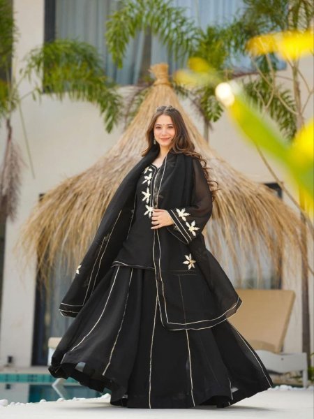 Textured Black Gota Work Kurta with Flowy Sharara And Designer Dupatta Ready To Wear Suit