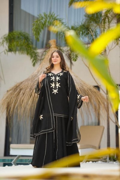 Textured Black Gota Work Kurta with Flowy Sharara And Designer Dupatta Ready To Wear Collection