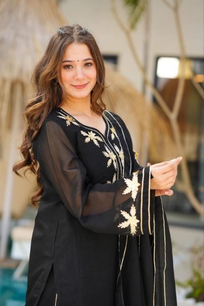 Textured Black Gota Work Kurta with Flowy Sharara And Designer Dupatta Ready To Wear Collection