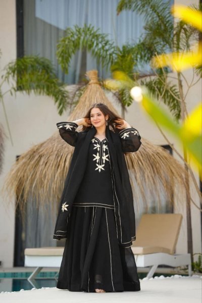 Textured Black Gota Work Kurta with Flowy Sharara And Designer Dupatta Ready To Wear Collection