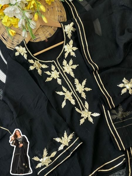 Textured Black Gota Work Kurta with Flowy Sharara And Designer Dupatta Ready To Wear Collection
