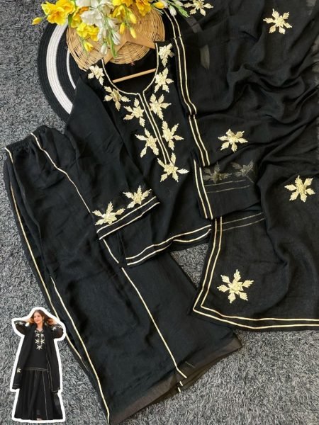 Textured Black Gota Work Kurta with Flowy Sharara And Designer Dupatta Ready To Wear Collection
