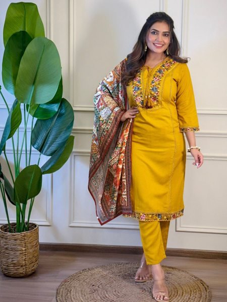 Threaded Bloom Embroidered Kurti Set with Art Silk Dupatta Ready to Wear 3 Piece Kurti Set
