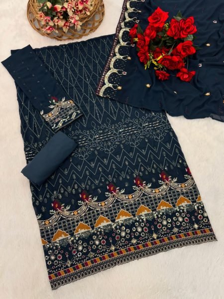 Threaded Elegance Embroidered Fox Georgette Festival Suit Set with Santoon Silk Finish At Lowest Price Churidar Salwar Suits Wholesale