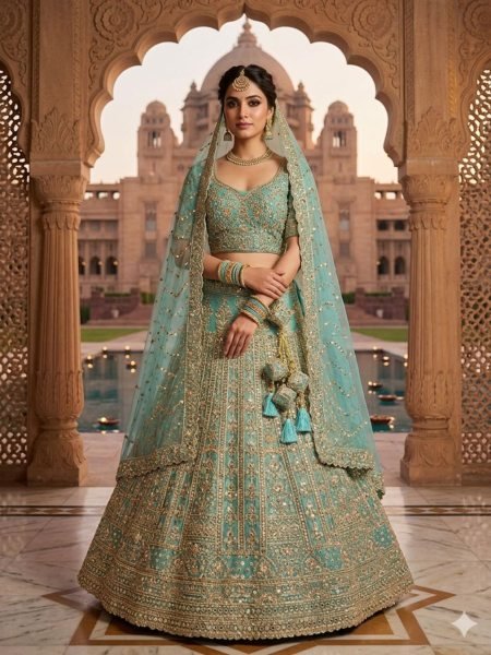 Timeless Aqua Blue Net Lehenga with Zari and Mirror Work for Wedding Wear Bridal Lehenga Choli