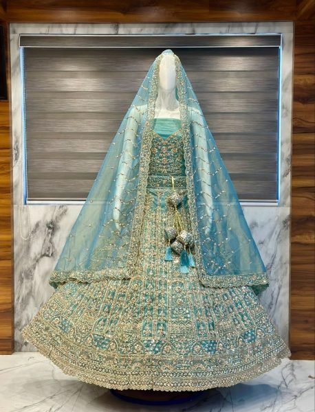 Timeless Aqua Blue Net Lehenga with Zari and Mirror Work for Wedding Wear Bridal Lehenga Choli