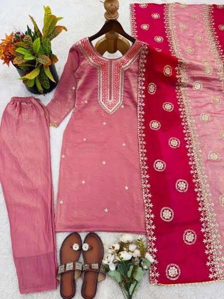 Timeless Baby Pink Fendy Silk Beautifully Designed Suit Set With Embroidered Dupatta Ready To Wear Collection