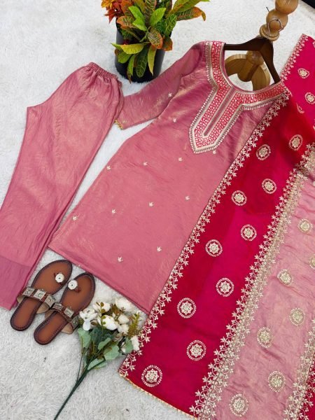 Timeless Baby Pink Fendy Silk Beautifully Designed Suit Set With Embroidered Dupatta Ready To Wear Collection