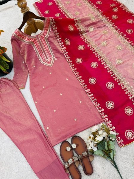 Timeless Baby Pink Fendy Silk Beautifully Designed Suit Set With Embroidered Dupatta Ready To Wear Collection