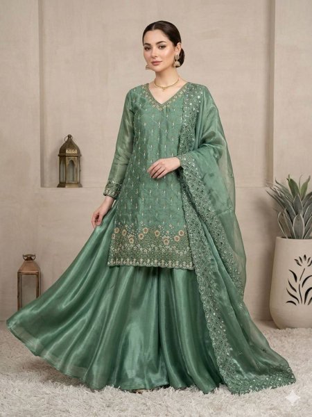 Timeless Beauty Saga Green Fendy Kurti Plazzo Set With Sequence Embroidery Ready To Wear Suit
