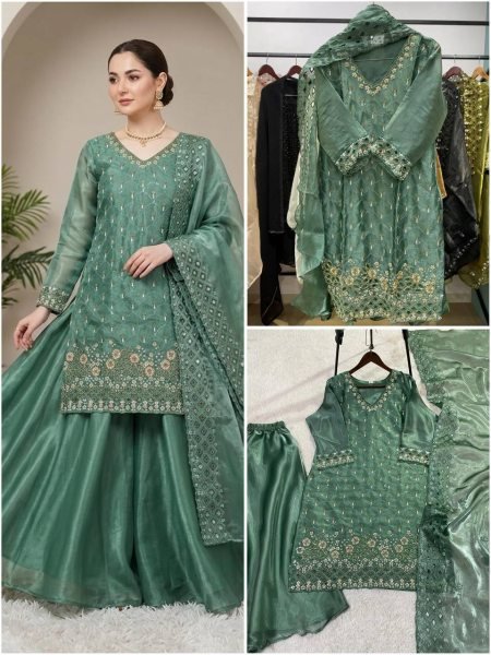 Timeless Beauty Saga Green Fendy Kurti Plazzo Set With Sequence Embroidery Ready To Wear Collection