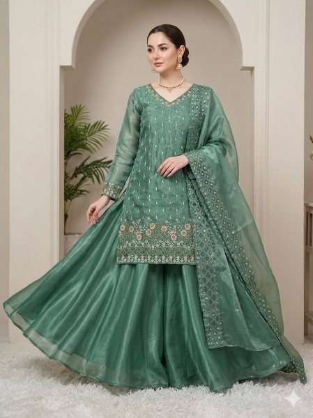 Timeless Beauty Saga Green Fendy Kurti Plazzo Set With Sequence Embroidery Ready To Wear Collection