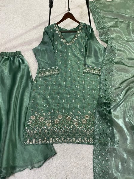 Timeless Beauty Saga Green Fendy Kurti Plazzo Set With Sequence Embroidery Ready To Wear Collection