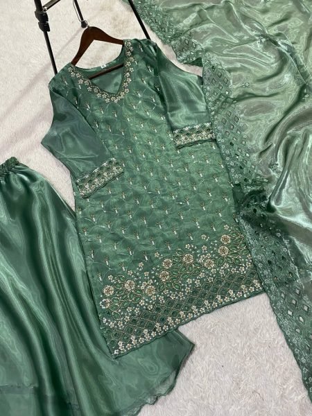 Timeless Beauty Saga Green Fendy Kurti Plazzo Set With Sequence Embroidery Ready To Wear Collection