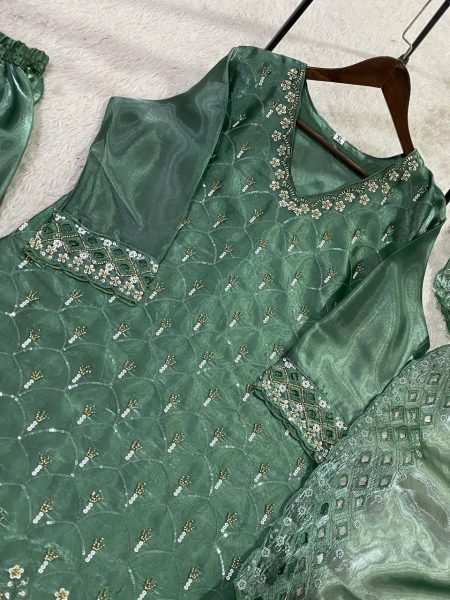Timeless Beauty Saga Green Fendy Kurti Plazzo Set With Sequence Embroidery Ready To Wear Collection