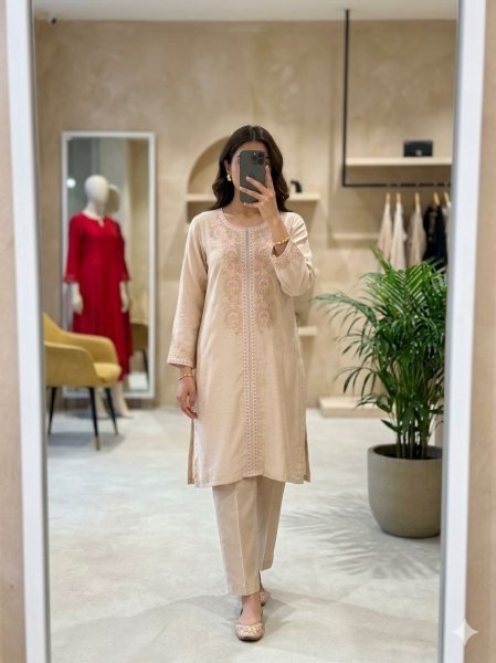 Timeless Beige Modal Chanderi Outfit With Premium Look  Embroidery Kurtis 