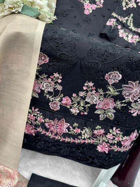 Timeless Black Cambric Cotton Outfit with Fancy Mal Cotton Dupatta for Traditional Wear Pakistani Suits Wholesale