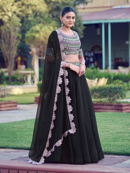 Timeless Black Embroidered Aurum Georgette Lehenga with Designer Dupatta for Festive Wear  Lehenga