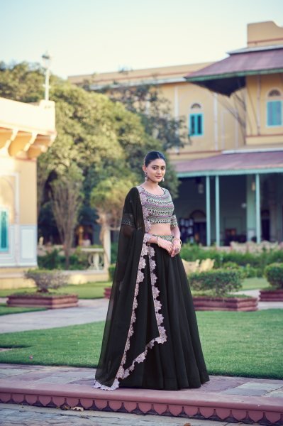 Timeless Black Embroidered Aurum Georgette Lehenga with Designer Dupatta for Festive Wear Designer Lehenga Choli
