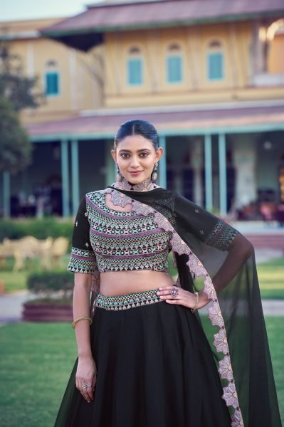 Timeless Black Embroidered Aurum Georgette Lehenga with Designer Dupatta for Festive Wear Designer Lehenga Choli