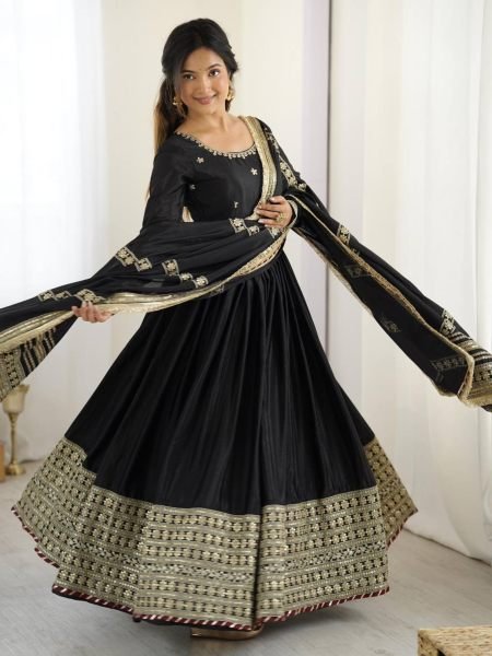 Timeless Black Festive Wear Chinon Sequence Suit Set with Lace Dupatta For Wedding Ready To Wear Suit