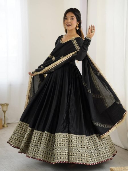 Timeless Black Festive Wear Chinon Sequence Suit Set with Lace Dupatta For Wedding Ready To Wear Collection