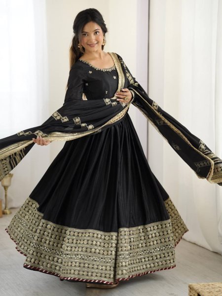 Timeless Black Festive Wear Chinon Sequence Suit Set with Lace Dupatta For Wedding Ready To Wear Collection