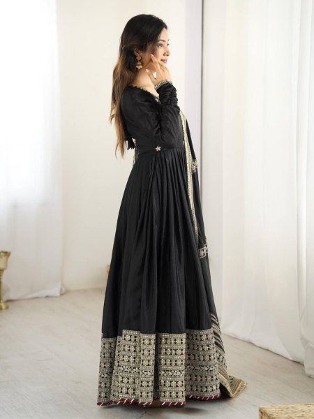 Timeless Black Festive Wear Chinon Sequence Suit Set with Lace Dupatta For Wedding Ready To Wear Collection